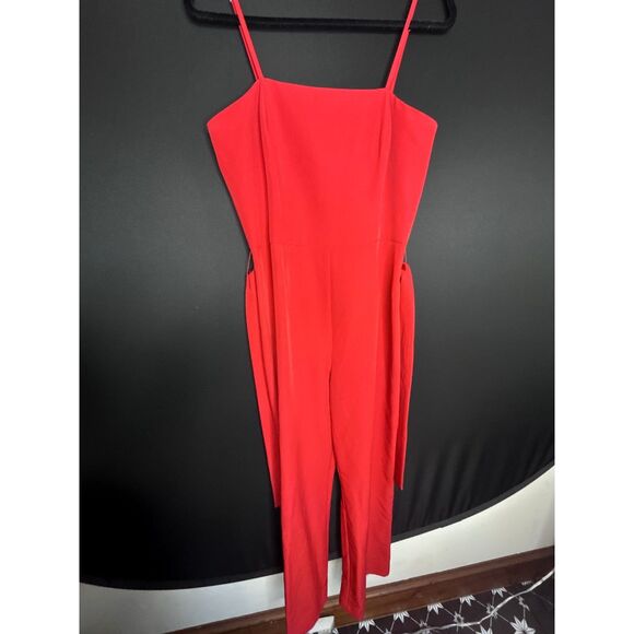 Women's Red Sleeveless Wide Leg Holiday Cocktail Party Jumpsuit - Picture 9 of 10